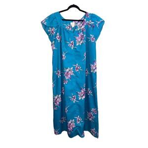 Vintage Aikane Hawaii Moomoo Dress M/L Blue Floral Granny Boho Beach Tropical